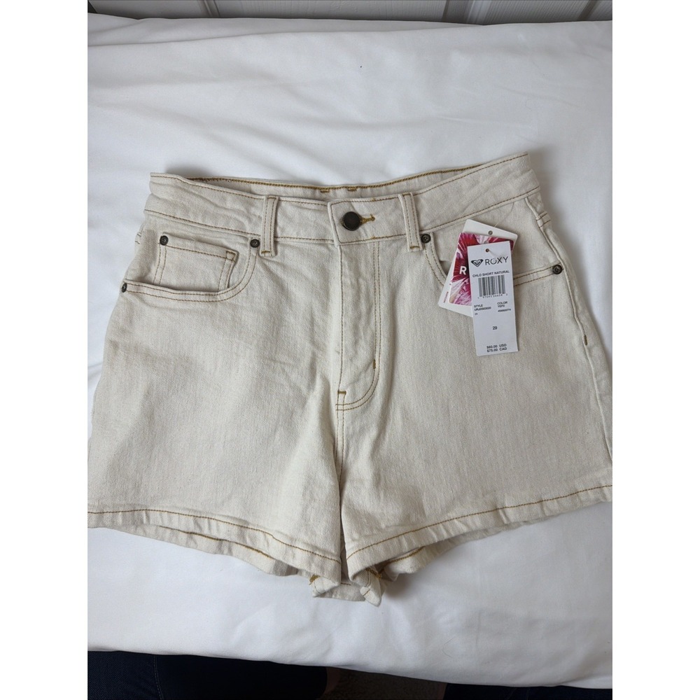 Roxy Authentic Mid Rise Denim Beach Fit Shorts Off White Beige Size 29 NWT